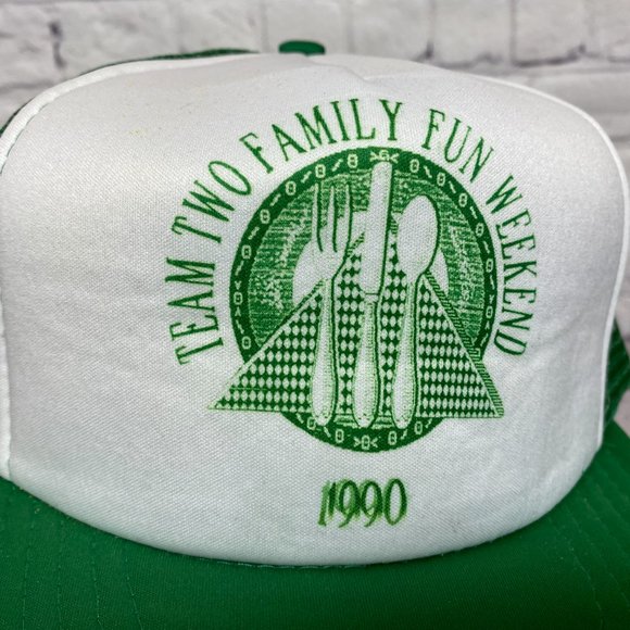 Vintage Trucker Hat Mesh Cap Snapback Green Team Two Family Fun Weekend 1990 90s - Picture 6 of 8